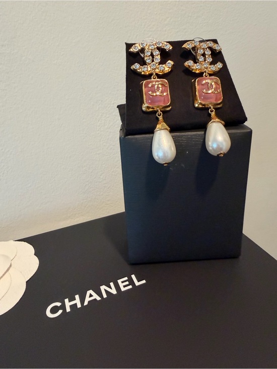 CHANEL Jewelry - CHANEL Gold & Pink Enamel Pearl Drop CC Earrings